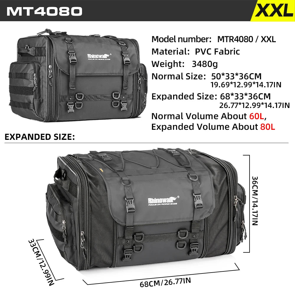 Motorcycle Rear Seat Travel Bag & Expandable Luggage | Heavy-Duty Waterproof Motor Tail Trunk Rack Bag | Premium High-Capacity 19L-80L Moto Storage | Models MT4026 / MT4045 / MT4060 / MT4080 Luxegan