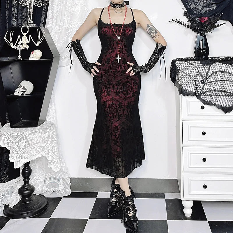 Gothic Sexy Long Fishtail Dress for Women | Vintage Spaghetti Strap Backless Maxi Dress | Premium Ruched Medium-Stretch Slim Fit Vestidos | Elegant Slash Neck Knit Lace Trim Gothic Robe Luxegan