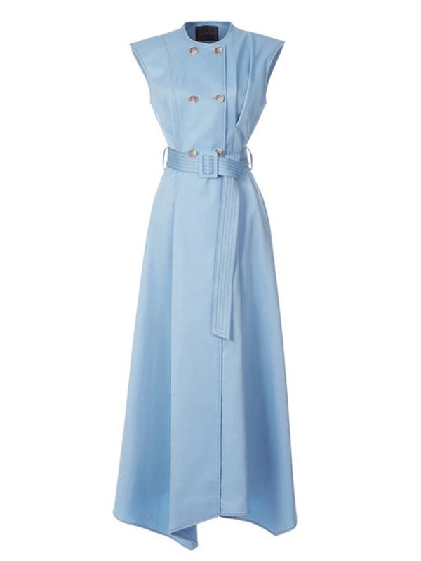 Double Button Belted A-Line Maxi Dress | Sleeveless High Waist Office Dress with Pockets Luxegan