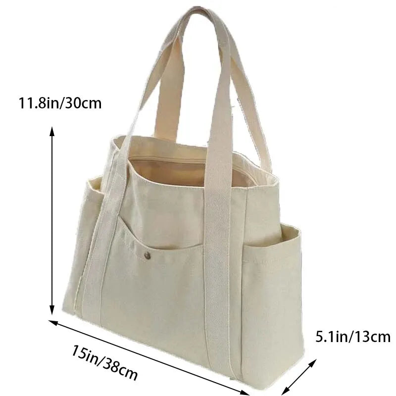 Canvas Solid Casual Tote | Hard Large Capacity Multiple Outer Pocket Zipper Bag Luxegan