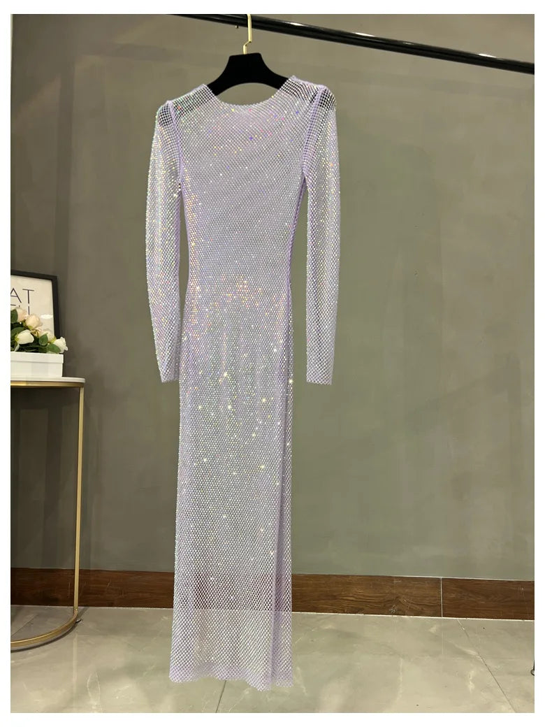 Long Sleeve Rhinestone Diamond Hollow-Out Sheath Maxi Dress | Sexy Club Glam Floor-Length Gown Luxegan