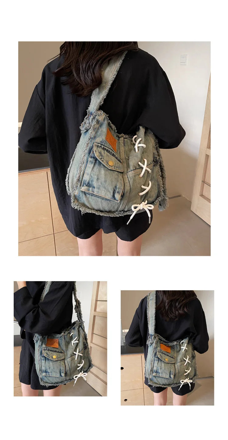 Washed Denim Shoulder Bag for Women Handbags | Large Capacity Female Messenger Bags | Soft Jeans Casual Big Totes Shopping Bag Luxegan