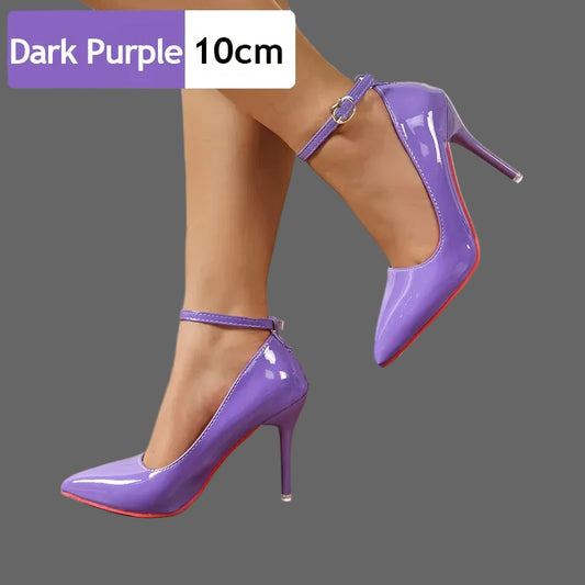 Metal Belt Buckle Stiletto Pumps | Sophisticated 10cm/12cm Pointed Toe Heels | Elegant "Super Big Size" 48 49 50 Party Shoes | "Dignified" Patent Leather Goblet Heels for Radiant Versatile Styling Luxegan