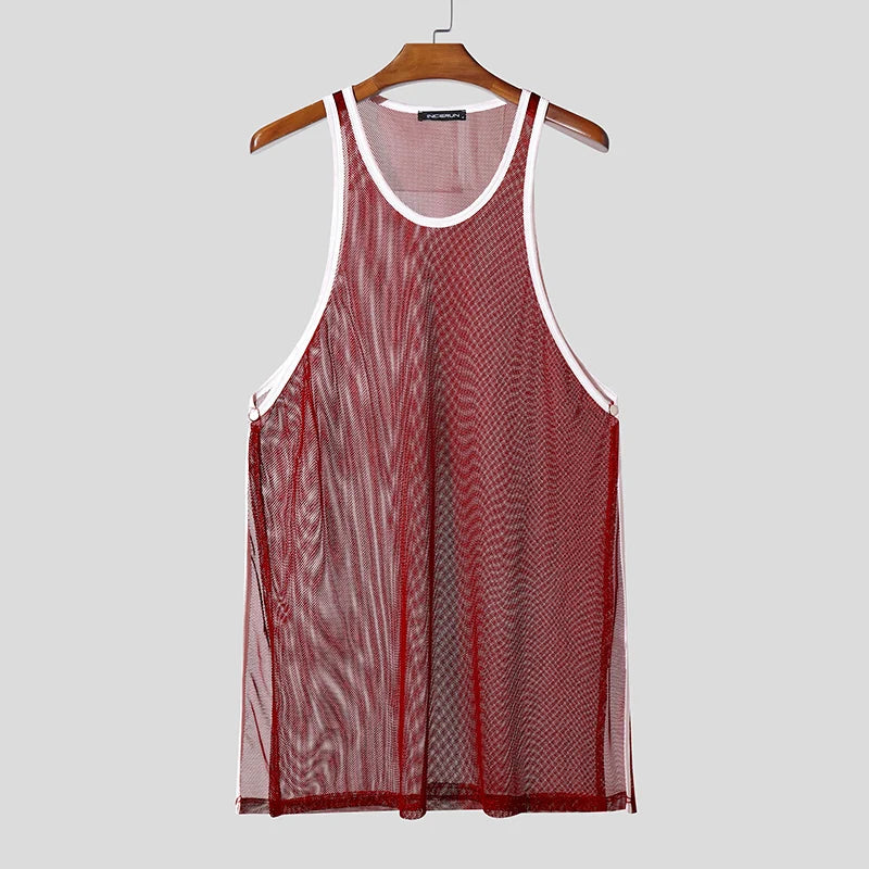 INCERUN Hombre Camisetas de Tirantes Malla Retazos Cuello Redondo Sin Mangas Chalecos Masculinos Transparentes Sexy Huecos Ropa de Hombre Ropa de Calle Verano