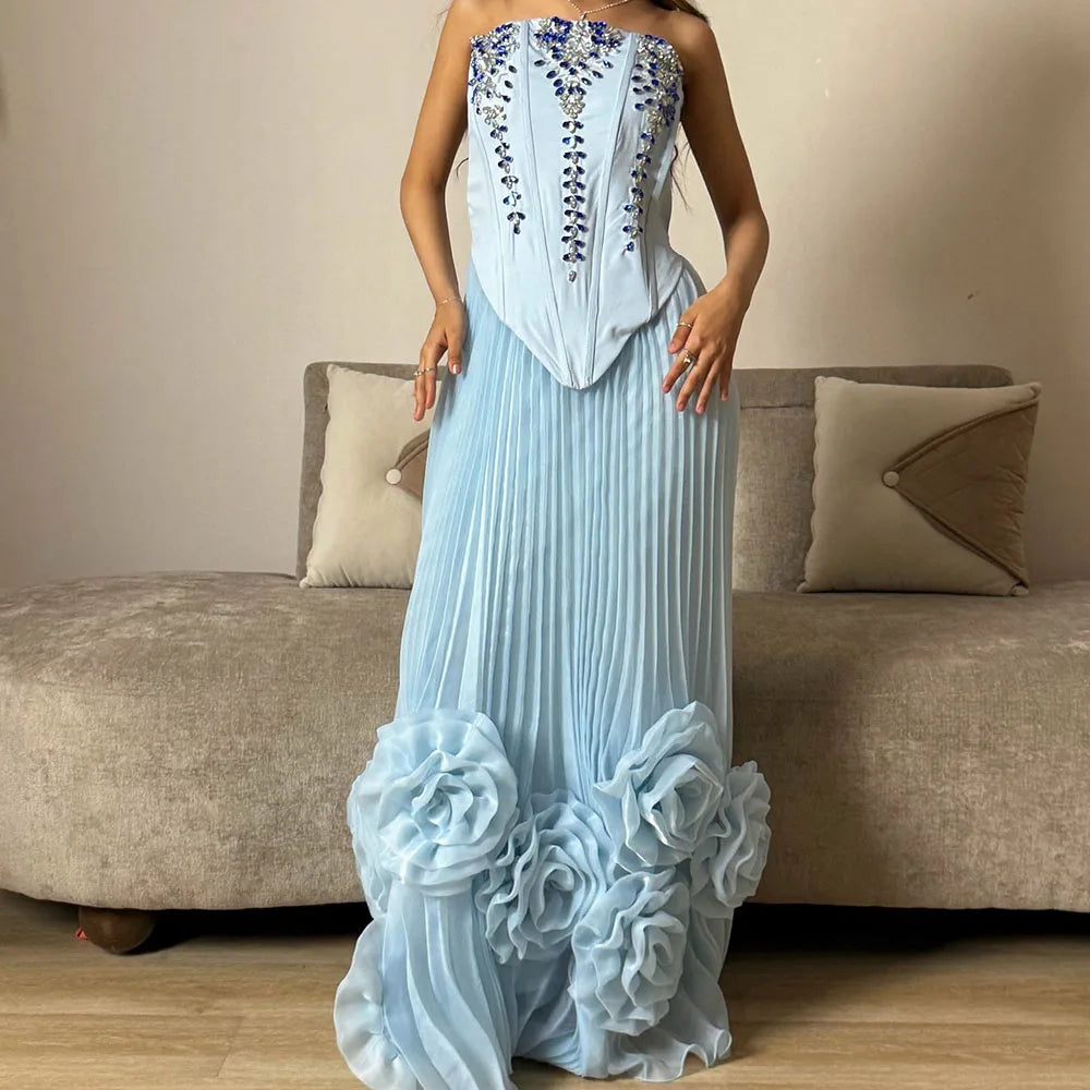 Crystal Floral Beaded A-Line Prom Gown | Strapless Sleeveless Floor-Length Evening Dress Luxegan
