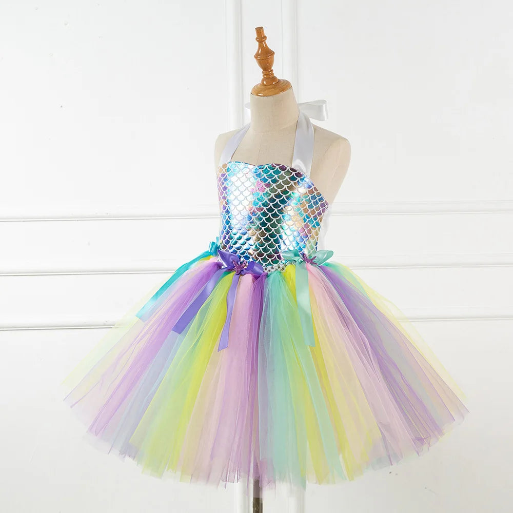 Kids Girls Cosplay Party Dress Princess Dress Up Mermaid Tulle Tutu Dresses Theme Birthday Party Costume with Flower Headband
