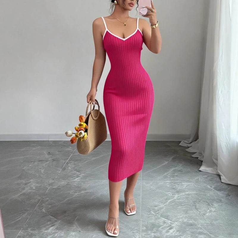 Solid V-Neck Spaghetti Strap Sleeveless Regular Fit Sheath Mid-Calf Dress – Empire Waist, High-Stretch Knit, Summer Luxegan