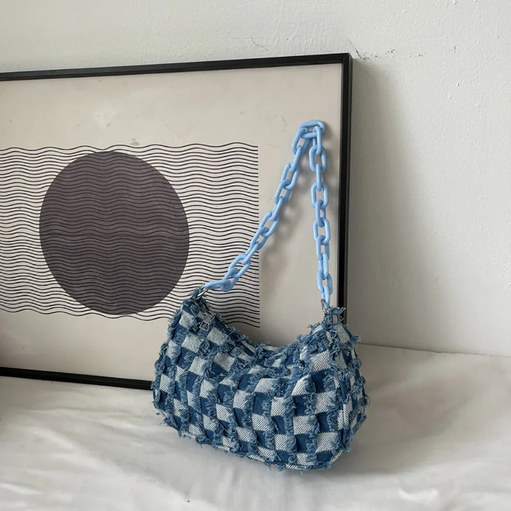 Vintage Women's Casual Shoulder & Underarm Bag | Plaid Pattern Denim Small Purse (Ladies Chain Leisure Handbag, Hobo Style) Luxegan