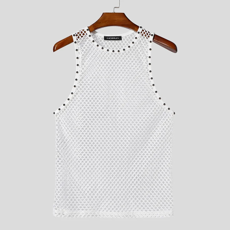 Men’s Solid Color Hollow-Out Mesh Tank Top | Sophisticated "See-Through" Streetwear Silhouette | Elegant Summer Sexy Fashion Vest | "Dignified" High-Performance Men's Clothing for Radiant Versatile Styling Luxegan