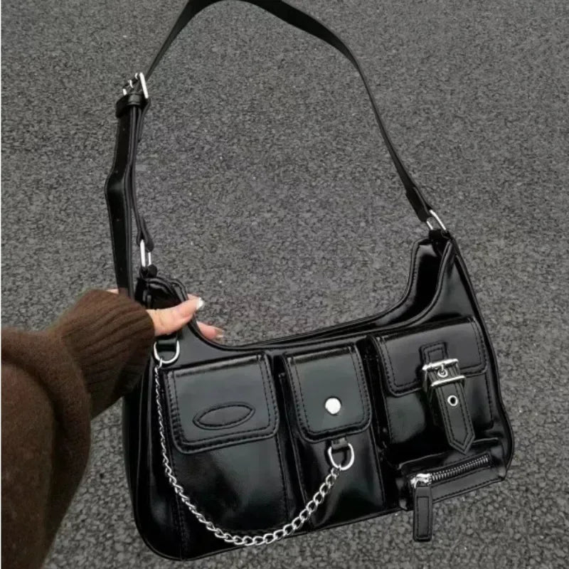 Y2K Korean Style Harajuku Vintage Handbag | Sophisticated Gothic Black Moto & Biker Shoulder Bag | Elegant Punk Aesthetic Wallet Purse | Fashion-Forward PU Leather Square Trend Tote Luxegan