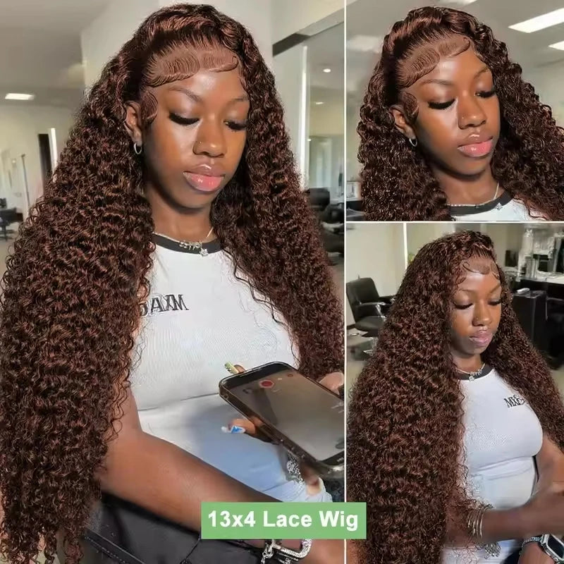 34 & 30-Inch Chocolate Brown Deep Wave Wig | Sophisticated 13x4 HD Transparent Lace | Elegant "#4 Colored" Brazilian Virgin Hair | "Dignified" Pre-Plucked Curly Frontal for Radiant Versatile Styling Luxegan