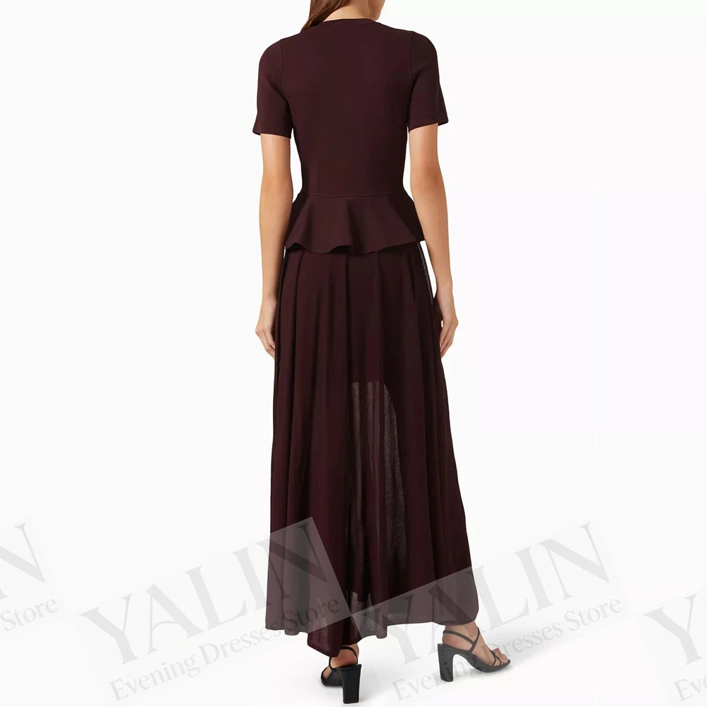 Sequined Button A-Line Prom Dress | O-Neck Short Sleeve Tea-Length Evening Gown Luxegan