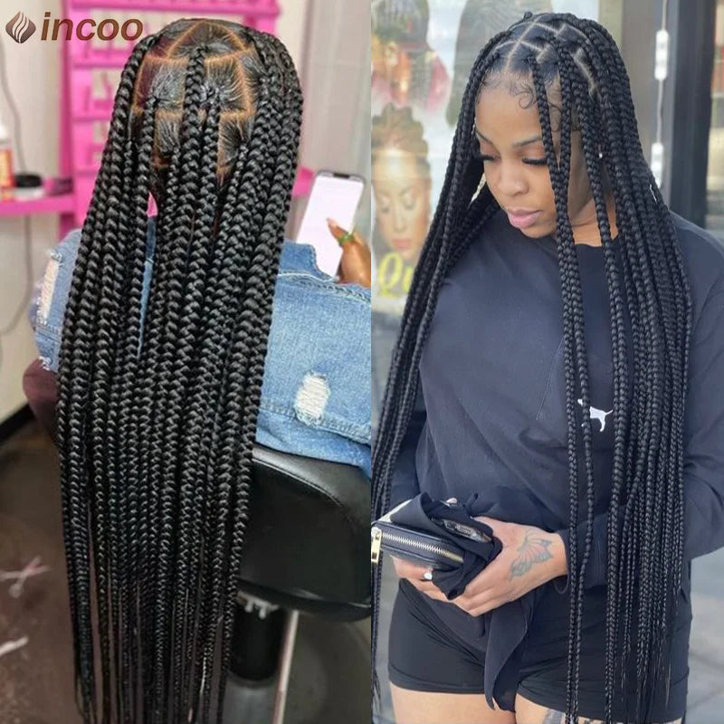 Synthetic Large Box Braided Wigs Jumbo Knotless Full Lace Front Wigs For Black Women Jumbo Tribal Braids Faux Locs Cornrows Wig Luxegan
