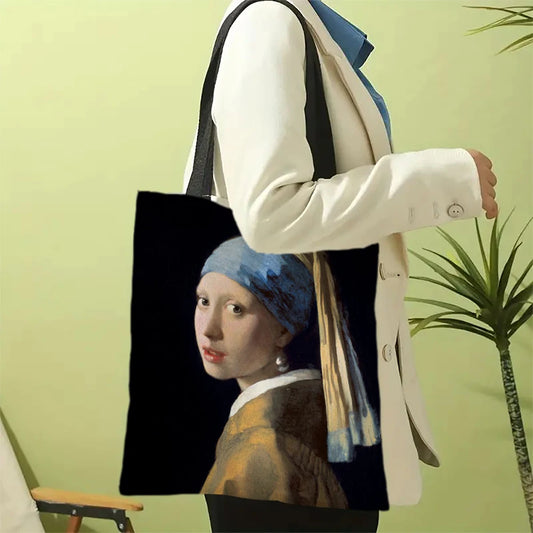 Oil Painting Printed Lightweight Tote | Sophisticated Artistic Linen-Look Handbag | Elegant Multi-Functional Shopping Bag | Luxury "Dignified" Casual Shoulder Bag for Daily Expressiveness Luxegan