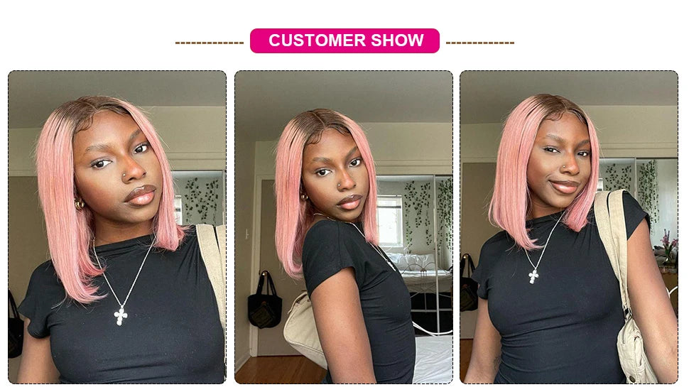 180% Density Dark Root Ginger Ombre Straight Bob Wig | Transparent T-Part Lace Front Human Hair Luxegan
