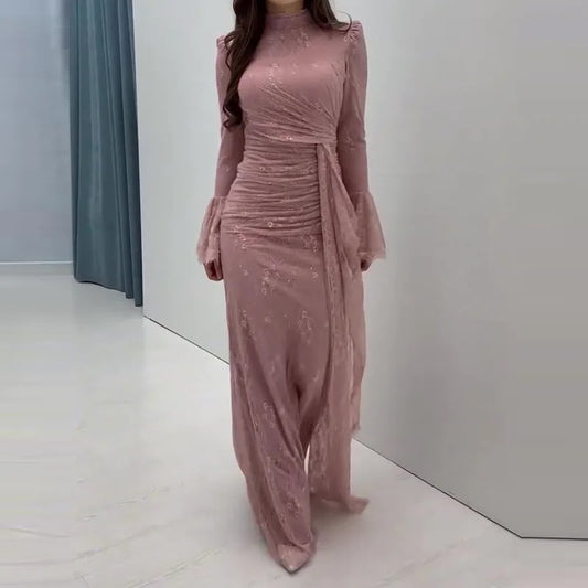Lace Embroidery Turtleneck Maxi Dress | Long Sleeve Slim Sheath Evening Gown Luxegan