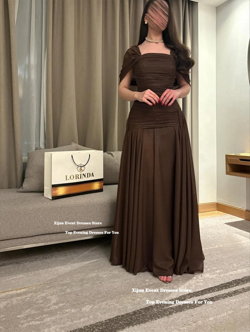 Xijun Elegant Brown Chiffon Evening Dresses Off The Shoulder A-Line Formal Prom Dresses Pleated Saudi Arabia Prom Gown Customize