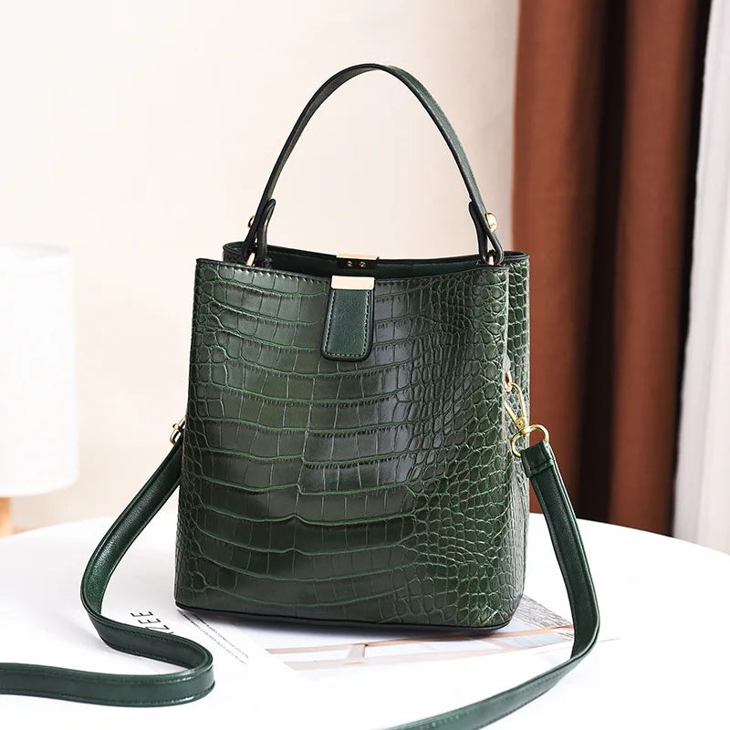 Crocodile Pattern Bucket Shoulder Bag | Large Capacity Handbag & Crossbody Purse Luxegan