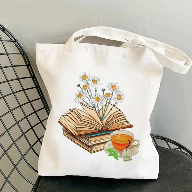 Flowery Books Printed Canvas Tote Bag | Retro Large Capacity Eco-friendly Shopping Bag | Unisex Student Schoolbag Shoulder Bag Luxegan