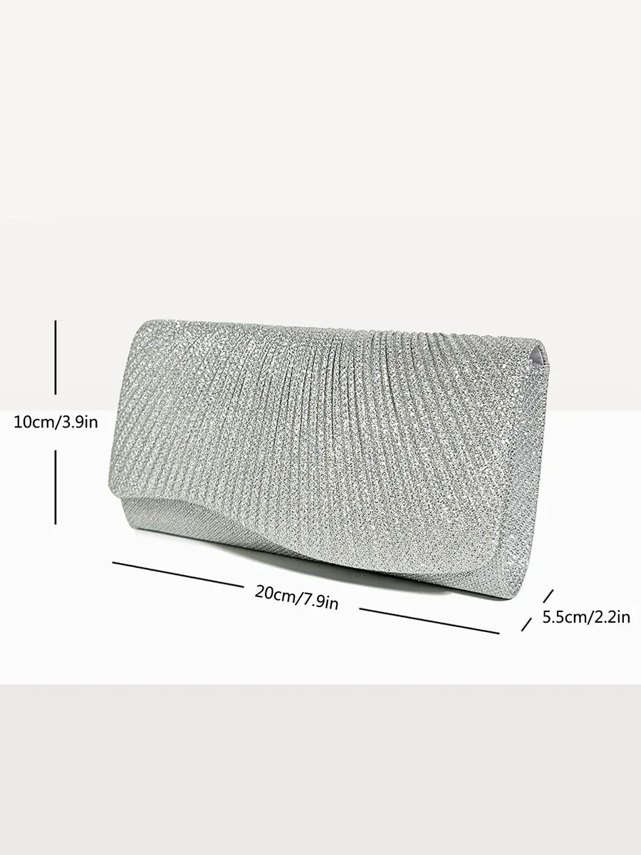 Women Envelope Evening Bag Glitter Ladies Chain Shoulder Bags | Shiny Silver Long Purse Female Wedding Party Clutches Mini Handbag Luxegan