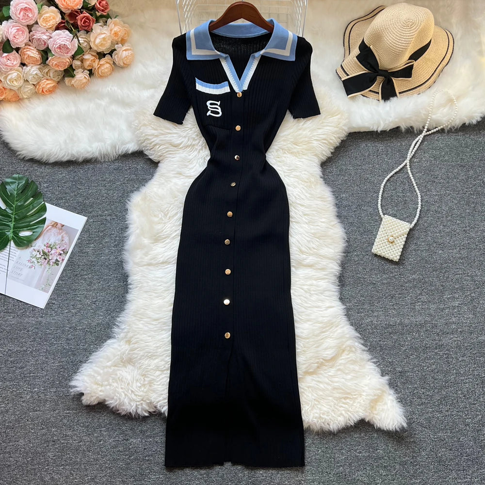 Brand Fashion Summer Knitted Bodycon Dress | Y2K Embroidered Long Sweater Dress | Short-Sleeve Turn-Down Collar Slim Streetwear Midi Luxegan