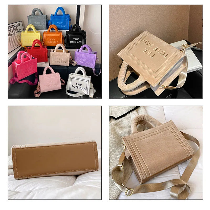 Women’s Khaki Velour Tote Bag | Original Letter Print Medium Square Handbag | Premium Corduroy Ladies’ Shopper & Versatile Shoulder Bag Luxegan