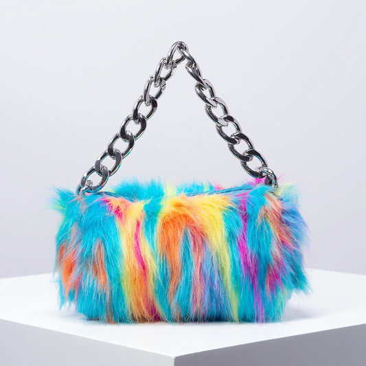 Solid Fuzz Soft Candy Color Satchel | Y2K Style Women’s Shoulder Bag with Iron Chain | Cute Charm Clutch & Colorful Square Purse Luxegan