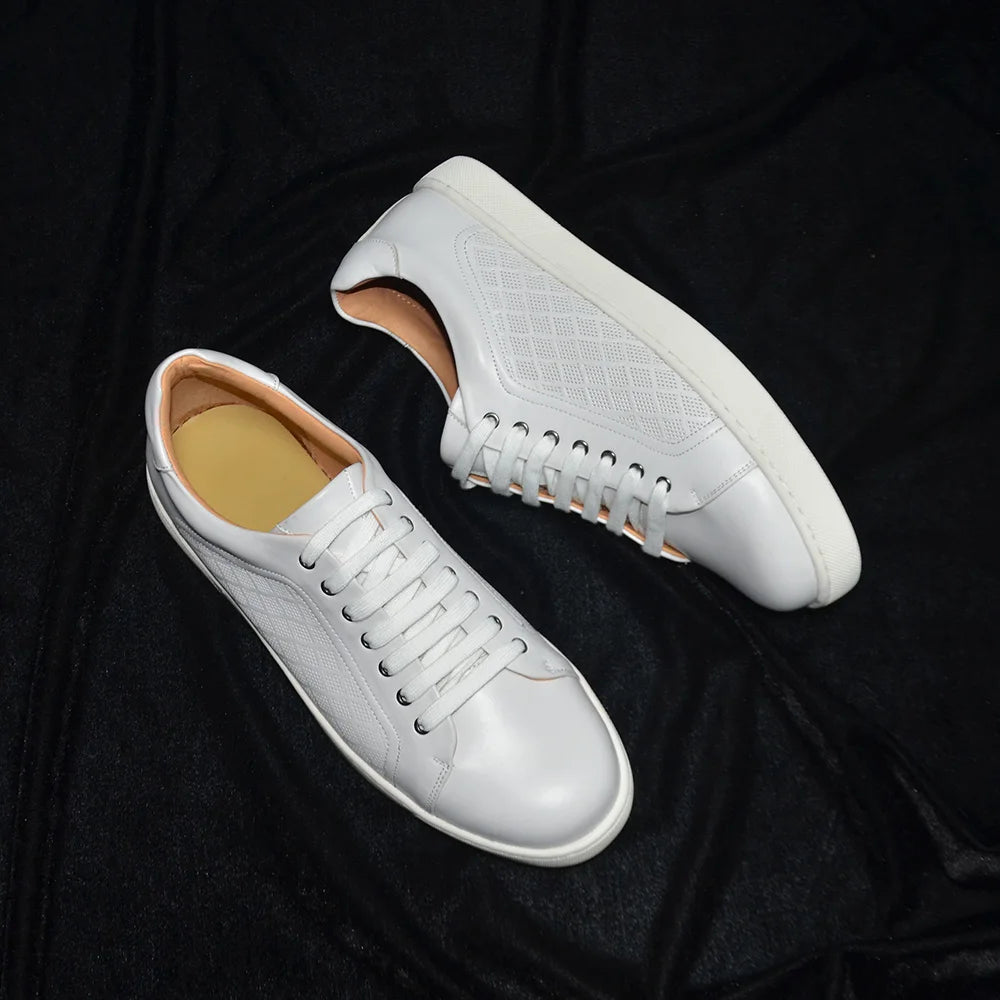 Luxury Designer Men's Genuine Leather Skateboard Sneakers | Classic Black, White & Brown Lace-Up Casual Oxfords Luxegan
