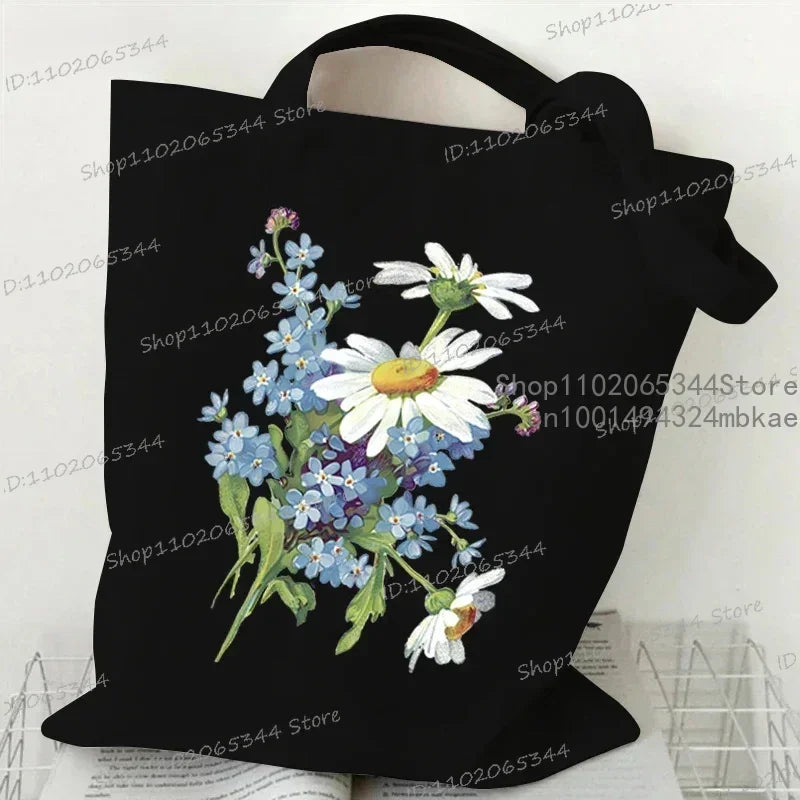 Fashion Canvas Tote Bag Oil Painting Wildflowers Print Lady Shoulder Shopping Bag | Plant Style Daisy Vintage Flower Women Handbag Luxegan