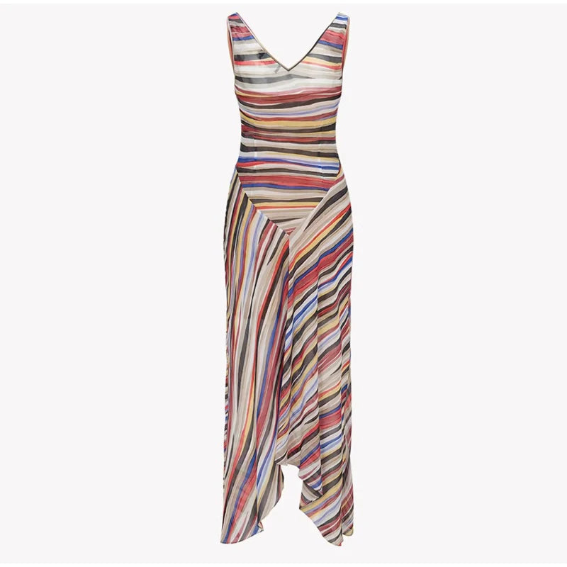 2026 Women Colorful Wavy Striped Maxi Dress Chic Swinging Collar Sleeveless Slim Waist Holiday Dresses Summer Lady Vacation Robe