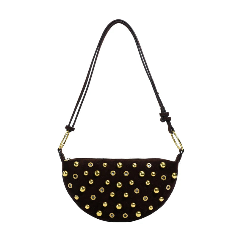 Women's Fashionable Faux Suede Armpit Bag | Versatile Stylish Design Crossbody Purse | High-Quality Solid Color Casual Tote | Retro Rivet Shoulder Bag with Zipper Closure Luxegan