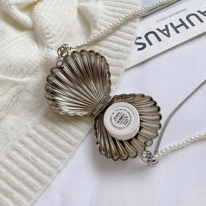 Hard XS Metallic Shell Bag | Fashion Pearl Chain Crossbody Mini Purse Luxegan