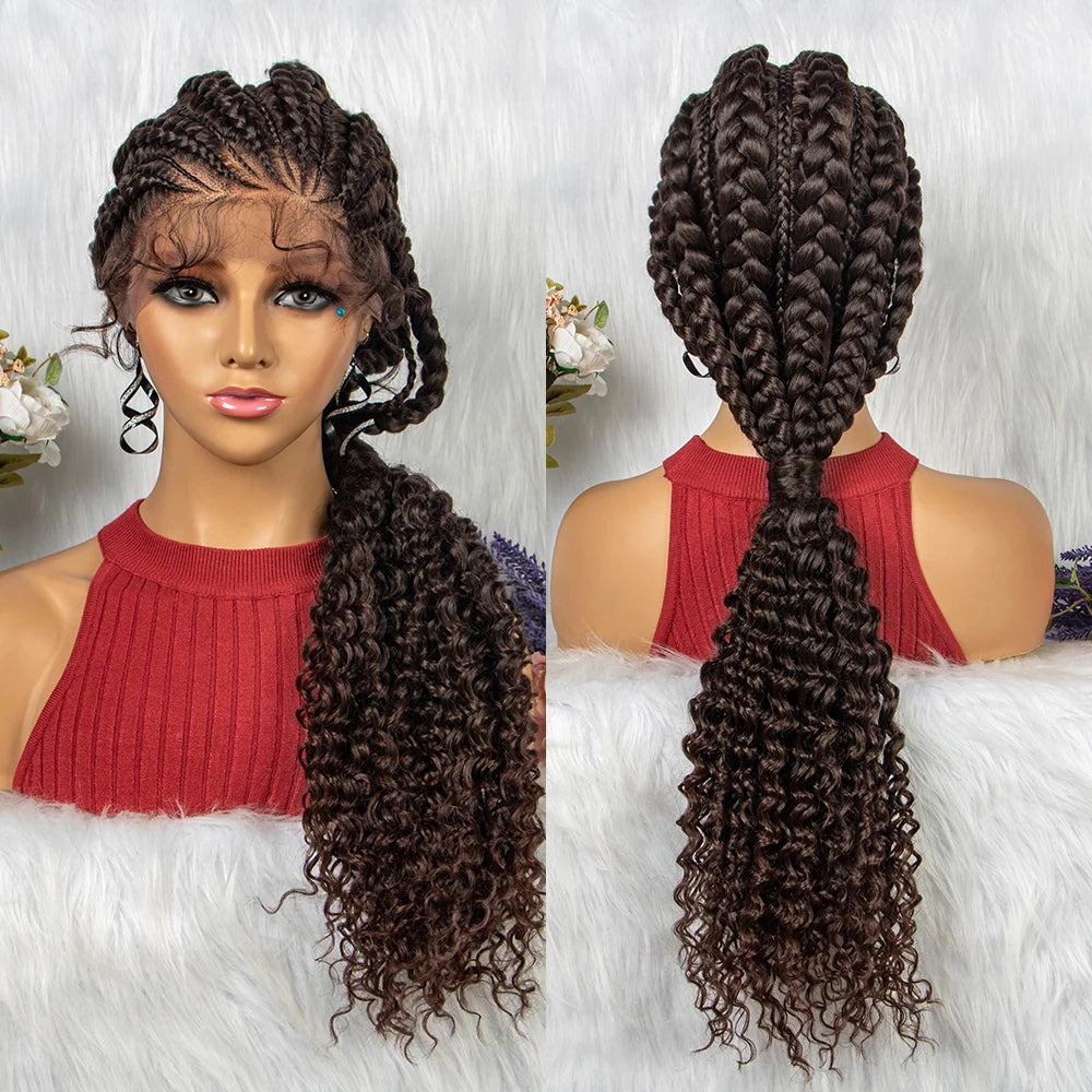 Lace Frontal Synthetic Braided Wigs Lace Front Braided Ponytail Wig Natural Knotless with Baby Hair for Black Women Daily Use Luxegan