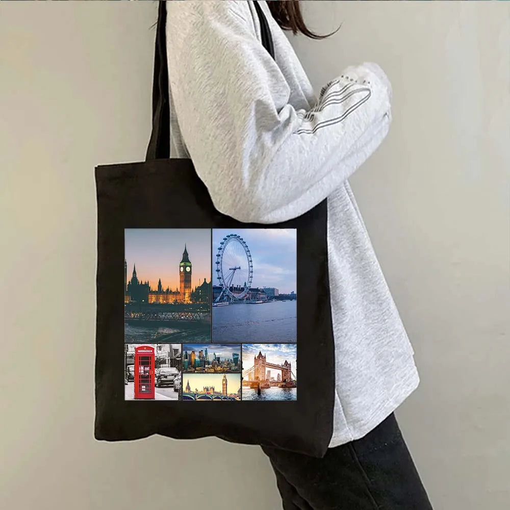 London Big Ben England Map Flag Canvas Tote Bag | UK City Landscape Skyline Shoulder Shopping Handbag (Women's Tourist Gift) Luxegan