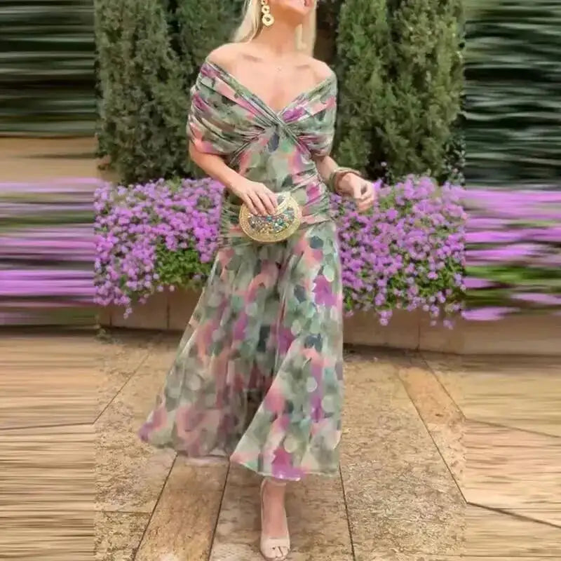 Women's Elegant Floral Print Pleat Party Dress | Bat Sleeve Swing Cocktail A-Line Dress | Korean Style Stand Neck Above-Knee Mini Gown | All-Season Loose Fit Straight Silhouette Model HPSW Luxegan