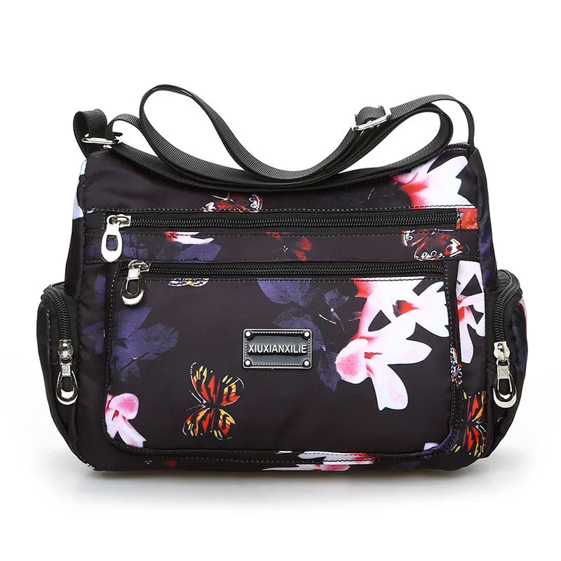 Floral Print Crossbody Bag for Women | Trendy Multi-Layer Nylon Shoulder Bag | Lightweight Travel Messenger & Satchel with Rivet Details Luxegan
