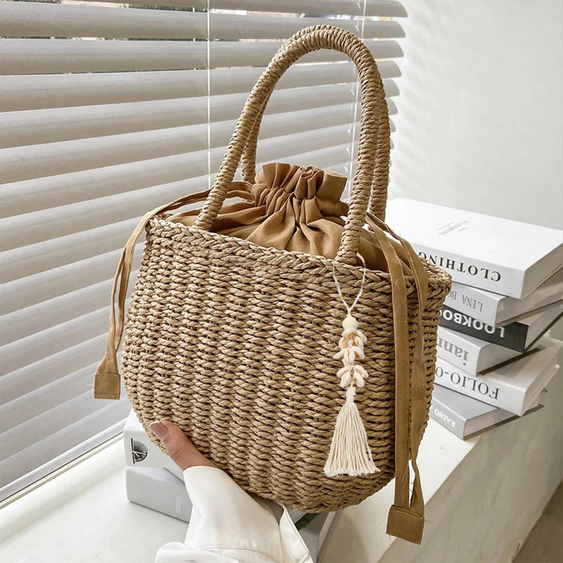 Women’s Summer Straw Rattan Handbag | Sophisticated Woven Small Clutch & Basket Bag | Elegant Retro Beach Vacation Tote | "Dignified" Soft Bucket Purse for Versatile Holiday Styling Luxegan