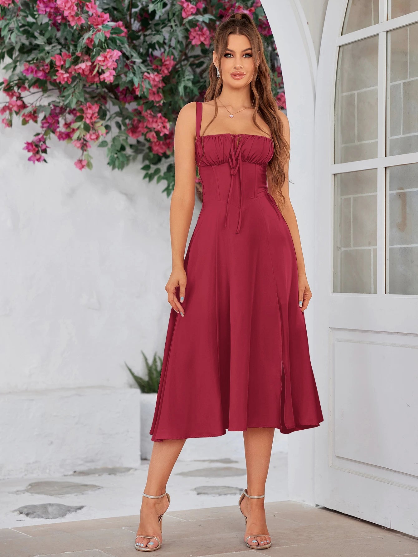Summer Sweet Solid Camisole Long Dress | Elegant Padded Boned Party Robe | Sleeveless Square-Neck Medium-Stretch Fit & Flare Midi Dress Luxegan