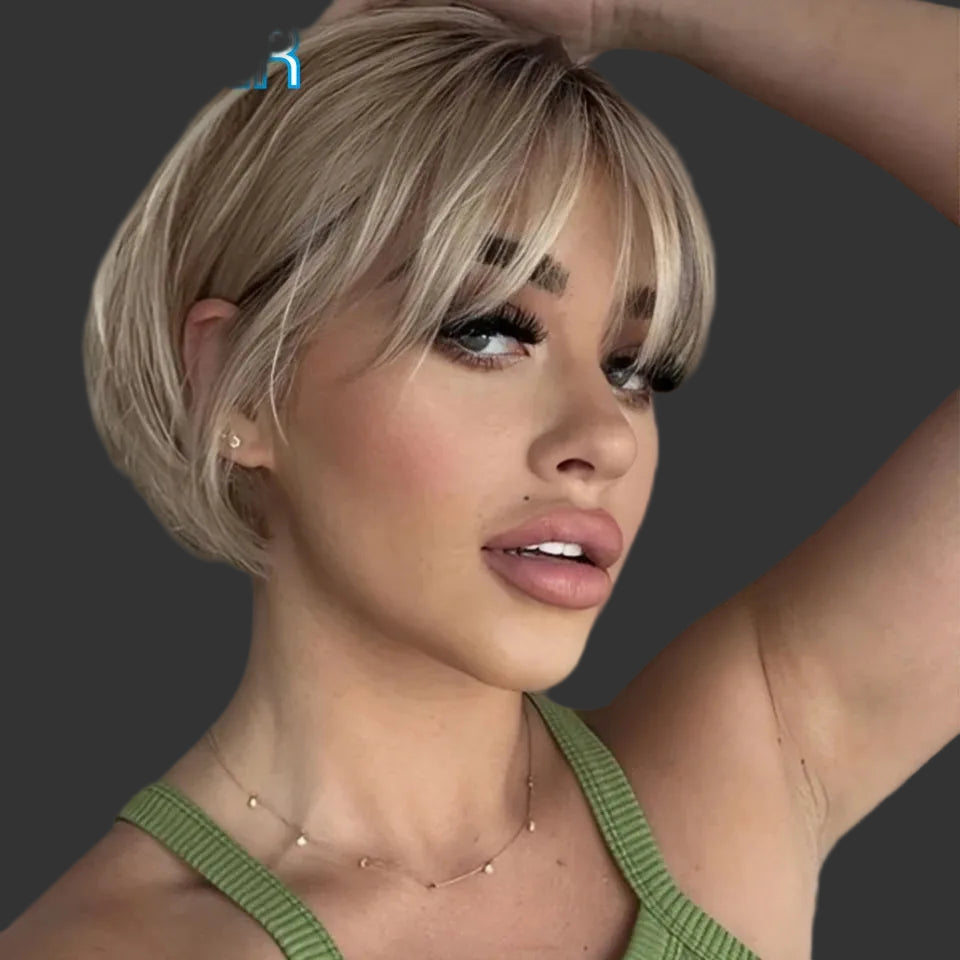 Sleek 613 Blonde Bone Straight Short Bob Human Hair Wig with Bangs | Glueless Full Machine-Made Brazilian Remy Human Hair Wig | Premium 10-Inch Classic Fringe Bob for Women Luxegan