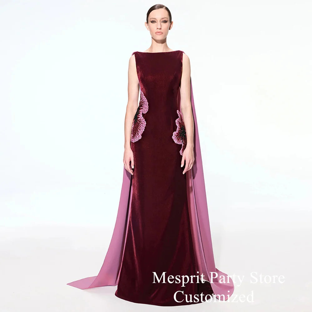 Burgundy Velour Mermaid Prom Dress with Detachable Cape | Customized Open-Back Formal Gown | Shimmering Beaded Sequined Boat-Neck Floor-Length Evening Dress Luxegan