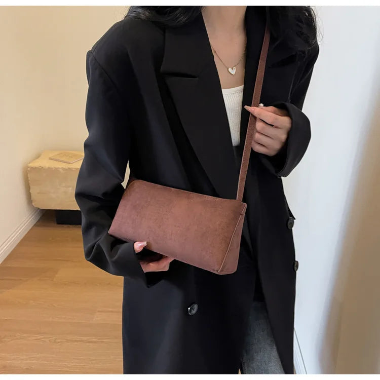 Faux Suede Solid Square Bag | Elegant French Vintage Underarm Handbag Luxegan