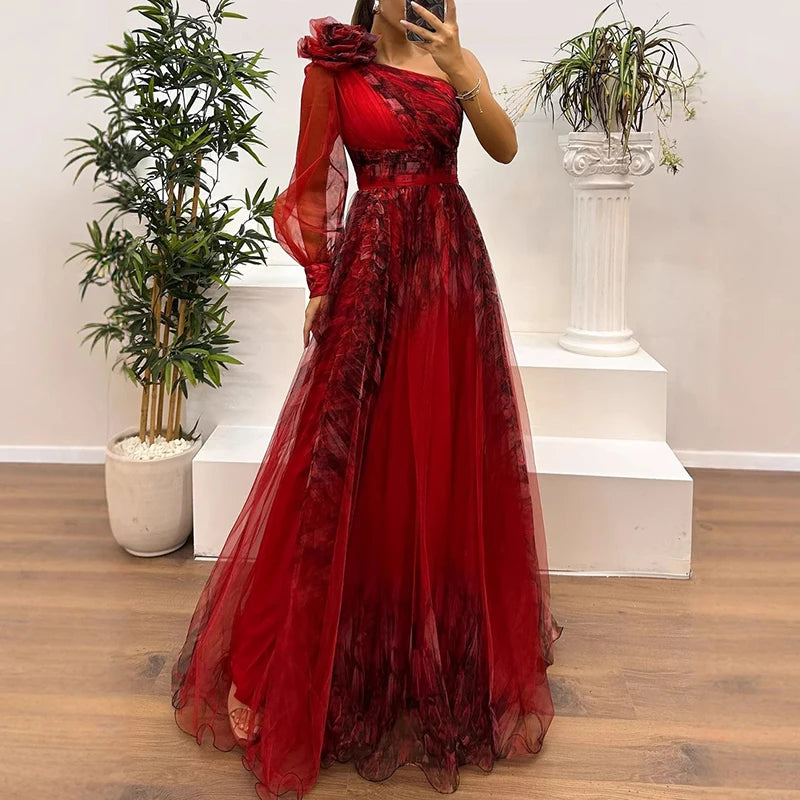 Women's Vintage Pattern Printed High Waist Long Dress | Sexy Asymmetric Mesh Evening Gown | Elegant One-Shoulder Full Sleeve Pleated Bridesmaid Dress | Loose Fit Ankle-Length Model 47881 Luxegan
