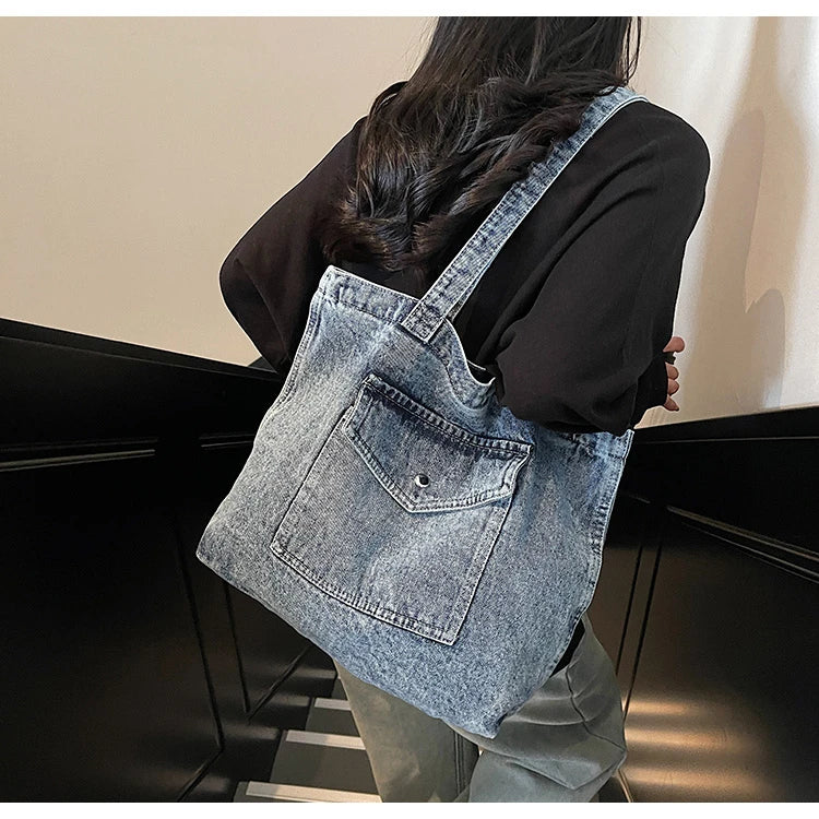 Fashion Luxury Women’s Denim Shoulder Bag | High-Quality Fabric Large Capacity Tote | Sophisticated Multi-Functional Handbag | Fashion-Forward Square Denim Crossbody with Exterior Flap Pocket Luxegan