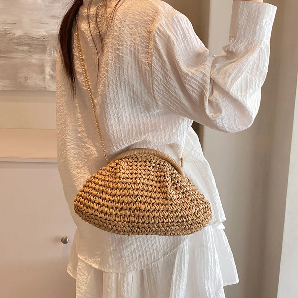 Women's Straw Woven Bag | Chain Strap Shoulder Bag & Weaving Satchel Bag Luxegan