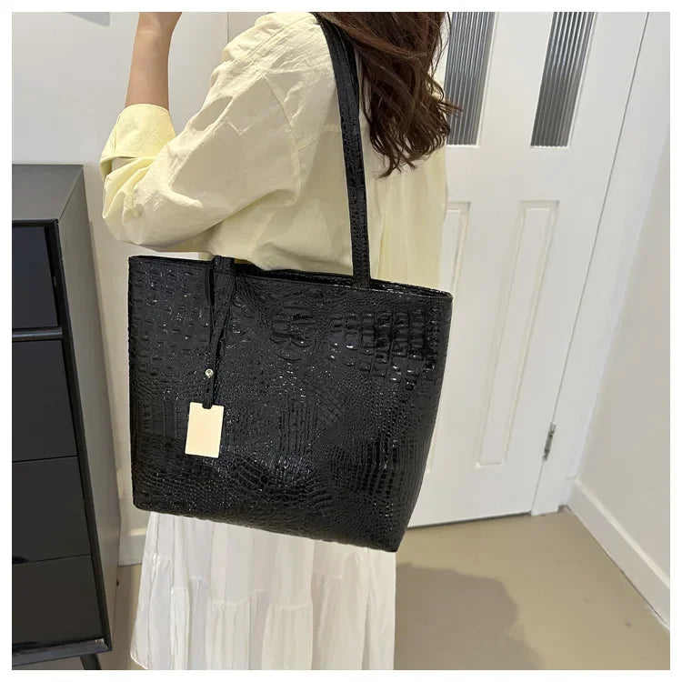 PU Leather Crocodile Casual Tote | Soft Silver/Gold/Black Big Shoulder Bag Sac Luxegan