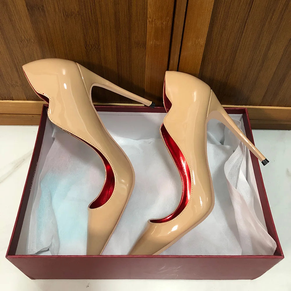Elegant Fashion Curl-Cut Stilettos | Sophisticated 12cm Glossy Black V-Cut Pumps | Elegant "Handmade Patent Leather" Silhouette | "Dignified" Sexy Pointed Toe Celebrity Party Shoes for Radiant Versatile Styling Luxegan