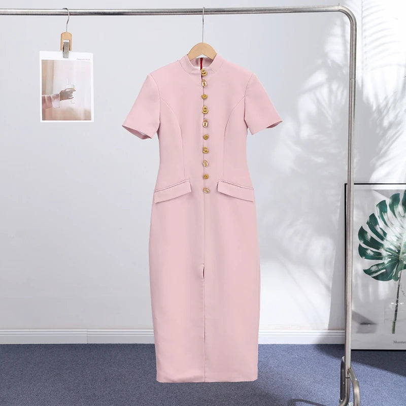 Elegant Solid Buttons Long Dress Women Waist Cinched Shoulder Pads High Collar Slit Dresses 2026 Spring Summer Lady Party Robes
