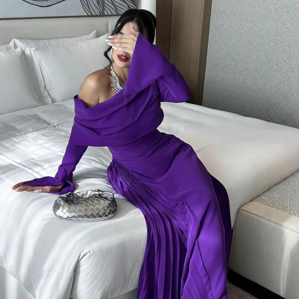 Solid Slash Neck Flare Sleeve Regular Fit A-Line Floor-Length Dress – Natural Waist, All Season Luxegan