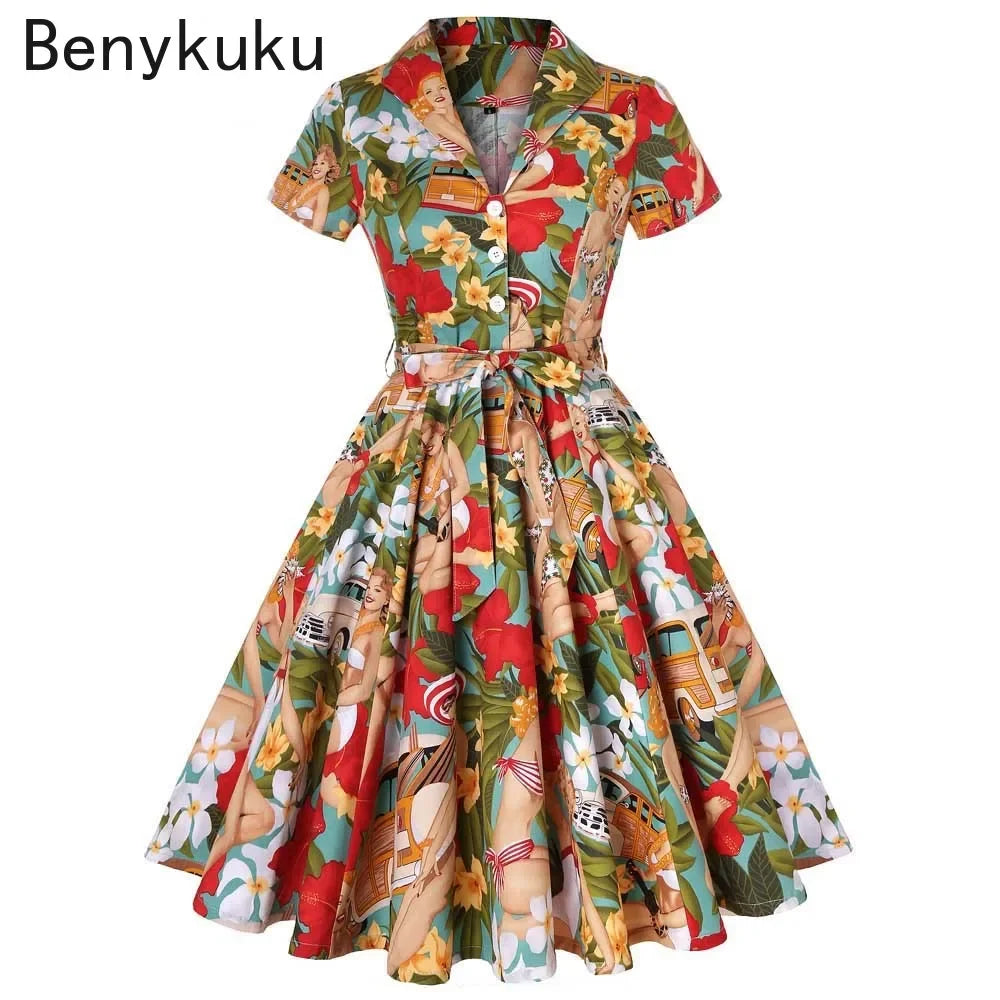 Hepburn Style Lemon Printed Vintage Dresses 1950s 60s Office 2025 Turn Down Collar Short Sleeve Tunic A-Line Belted Cotton Dress