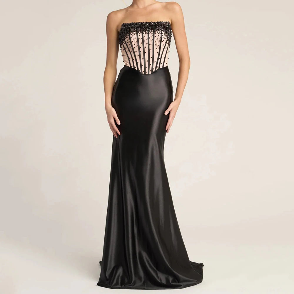 Beaded Backless Mermaid Evening Gown | Strapless Sleeveless Floor-Length Prom Dress Luxegan